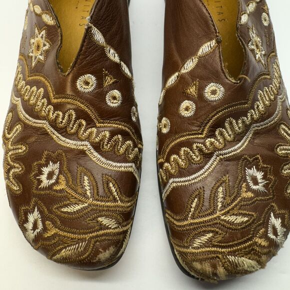 Hispanitas Shoes Women's Size 37 Brown Slip on Embroidered Leather Loafers - Picture 8 of 9